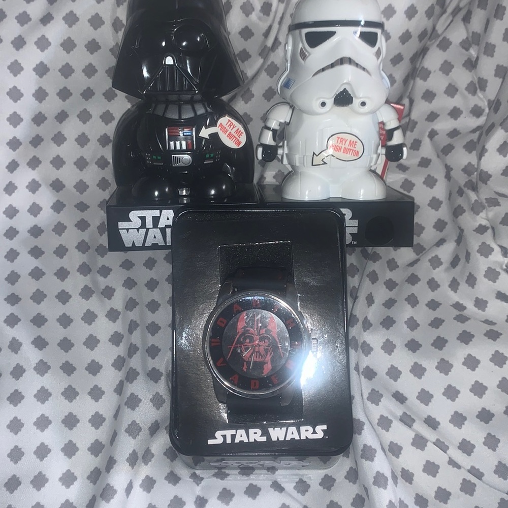 Two dispensers w/ candy and unknown candy quality. Star Wars watch all new.